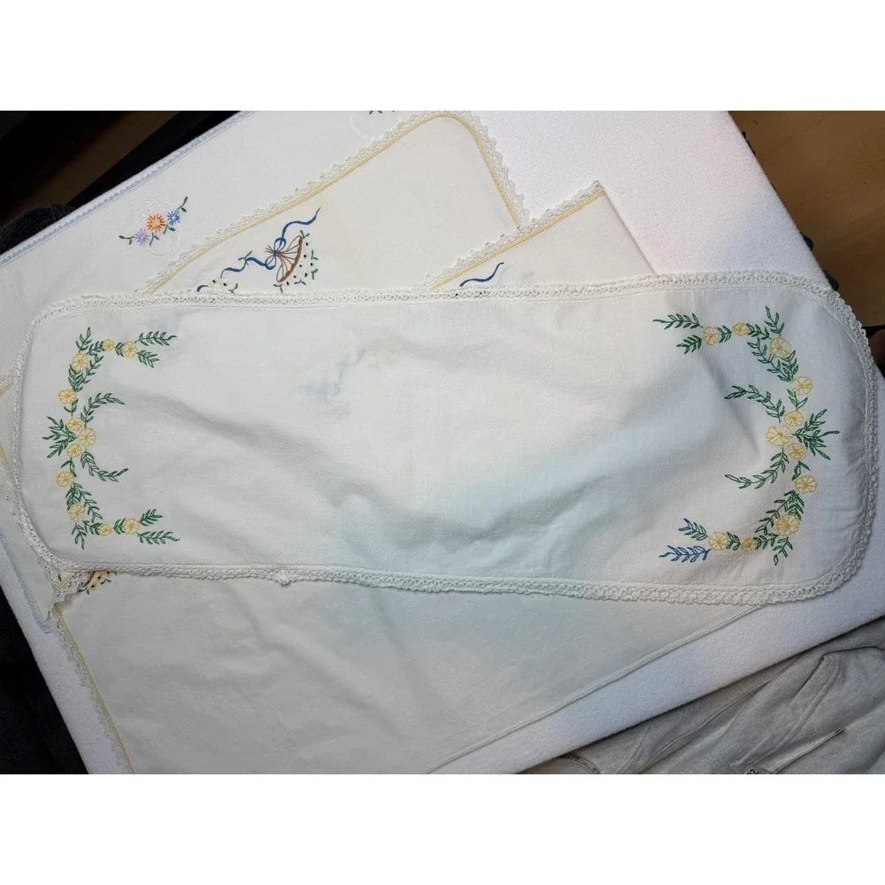 Vintage Embroidered Linens Lot 5 Dresser Shawls Runner Floral Morning Glory Lace